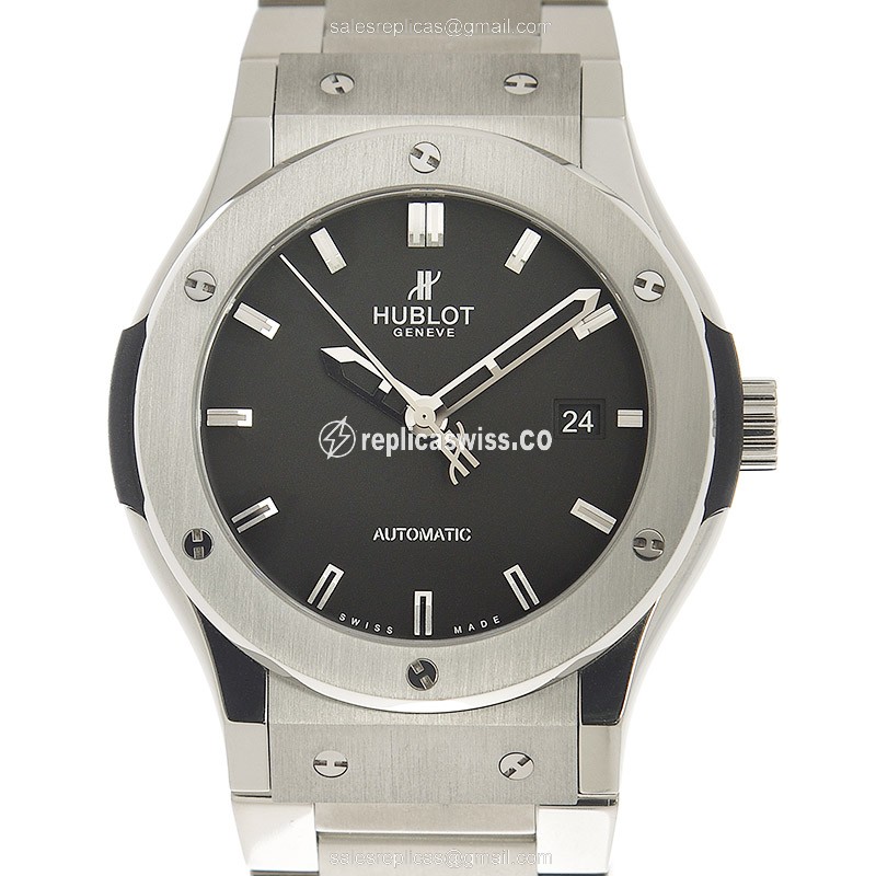 Hublot Classic Fusion Replica - Automatic - Titanium Case - Black Dial - Silver Strap