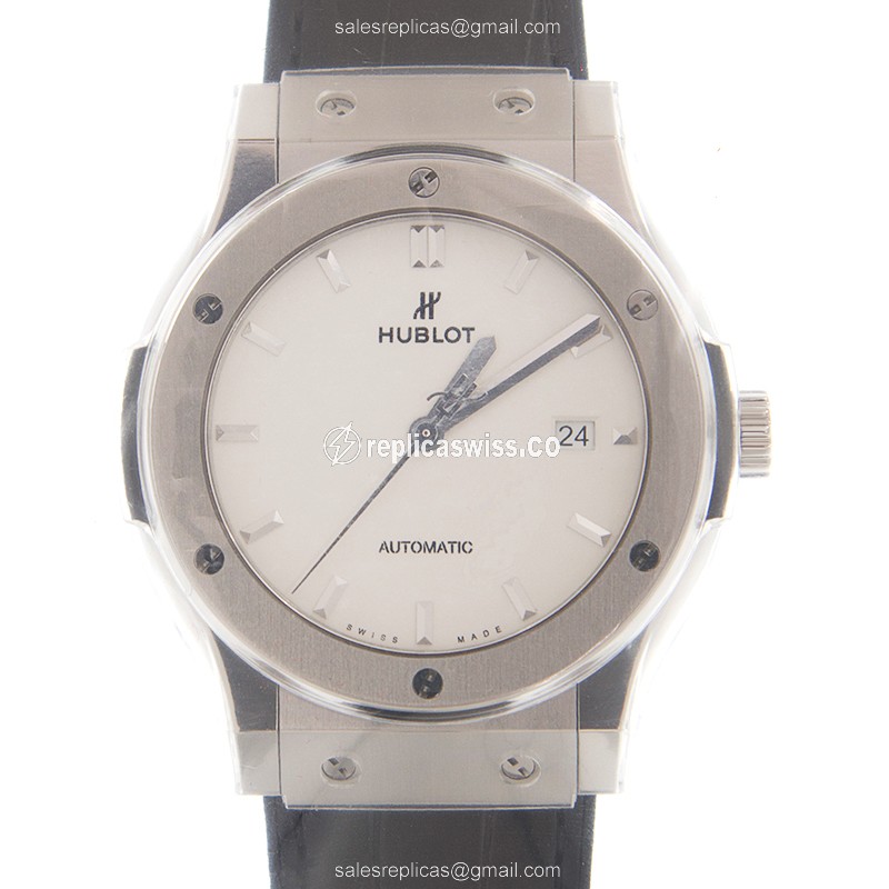 Hublot Classic Fusion Replica - Automatic - Stainless Steel - White Dial - Black Alligator Strap