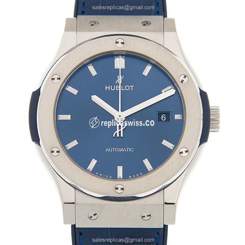 Hublot Classic Fusion Replica - Automatic - Titanium Case - Blue Dial - Blue Alligator Strap