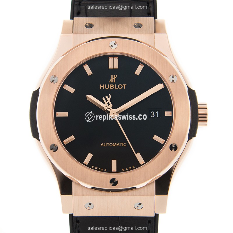 Hublot Classic Fusion Replica - Auto - 18kt Rose Gold - Black Dial - Alligator Strap