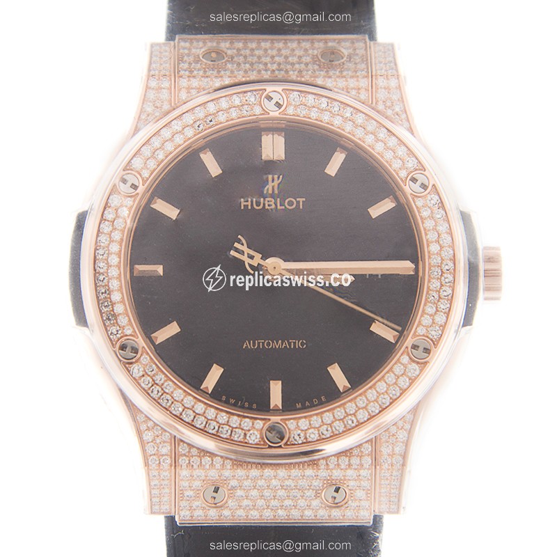 Hublot Classic Fusion Replica - Automatic - 18kt Rose Gold - Diamonds - Black Dial - Alligator Strap
