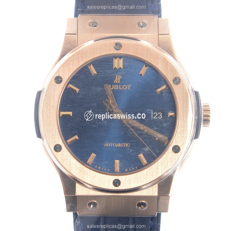 Hublot Classic Fusion Replica - Automatic 18kt Rose Gold - Blue Dial, Blue Alligator Strap