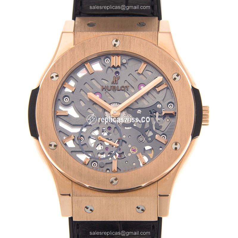 Hublot Classic Fusion Replica - Manual Wind - 18kt Rose Gold - Silver Dial - Black Alligator Strap