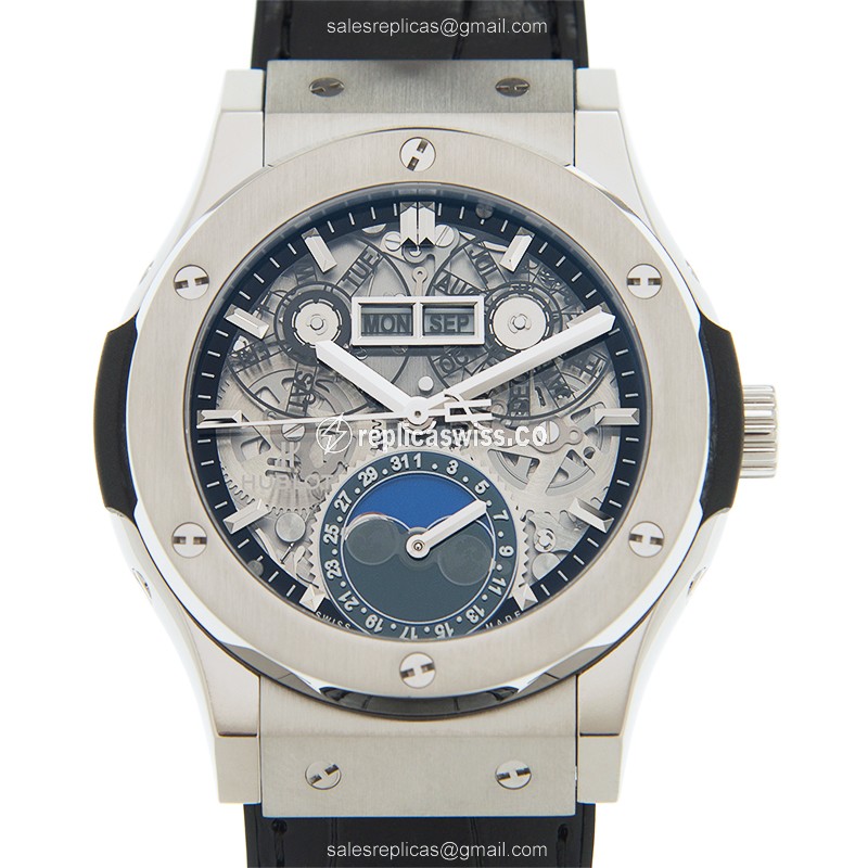 Hublot Classic Fusion Replica - Automatic Titanium Case - Skull Dial - Black Alligator Strap