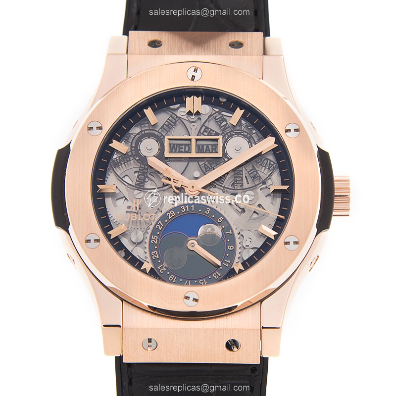 Hublot Classic Fusion Replica - Automatic 18kt Rose Gold - Black Dial, Alligator Strap, Buckle Clasp