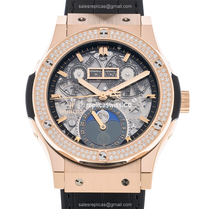 Hublot Classic Fusion Replica - Automatic - 18kt Rose Gold - Diamonds - Transparent Dial - Black Alligator Strap