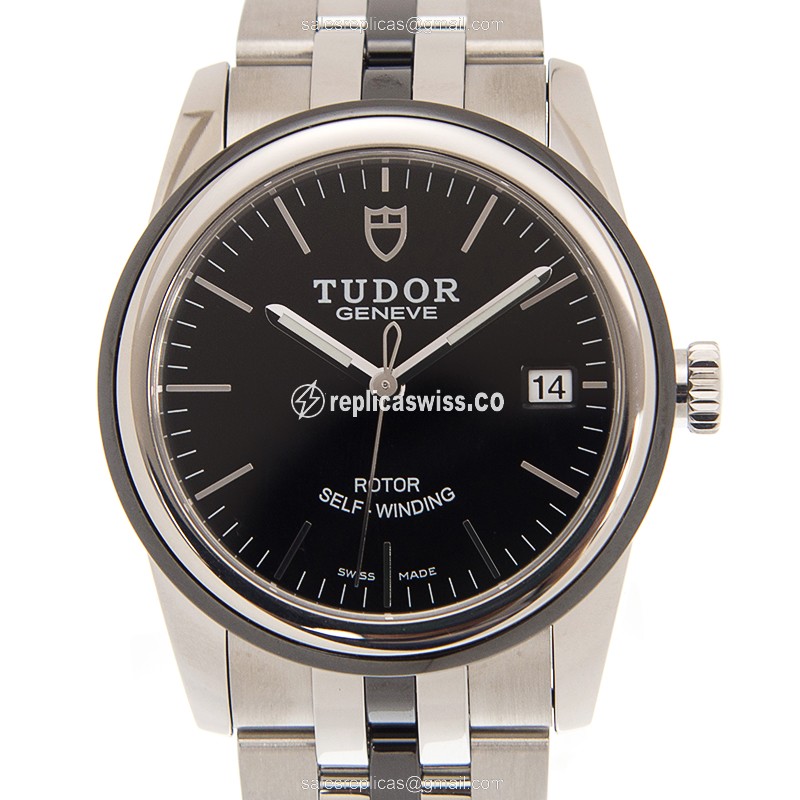 Tudor Glamour Date Replica - Automatic - Steel Case - Black Dial - Silver Steel Band - Luxury Replica GLAMOUR DATE Watch