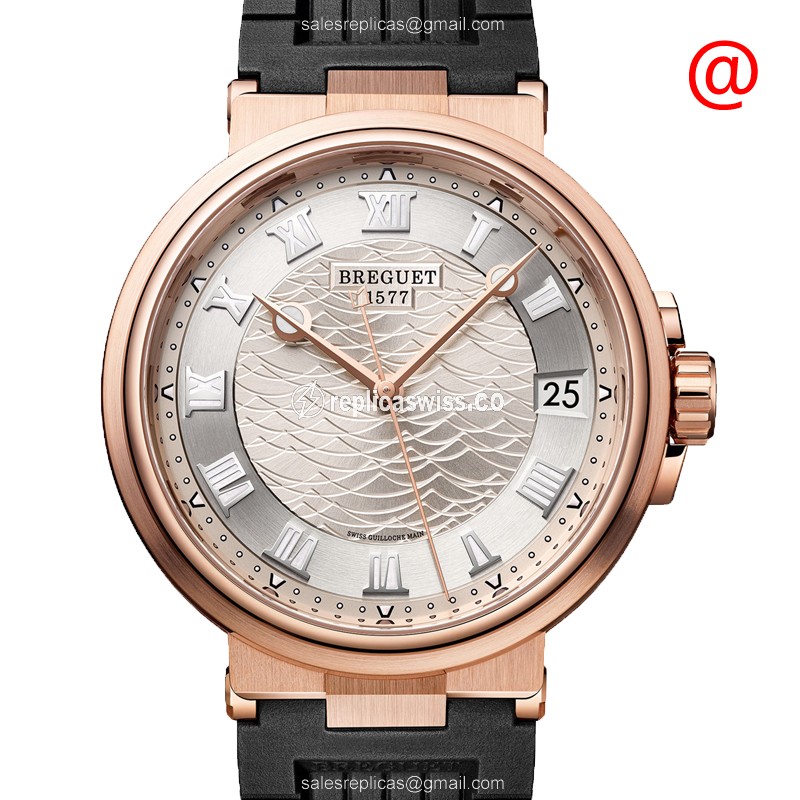 Breguet 5517BR/12/5ZU MARINE Replica - Auto - 18kt Rose Gold - Silver Dial - Black Rubber Strap