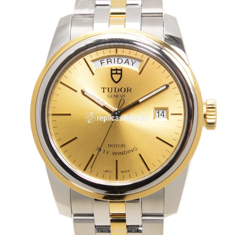 Tudor Glamour Date Replica - Automatic - 18kt Gold & Steel Case - Gold Dial - Silver Strap - Luxury Replica GLAMOUR DATE Watch