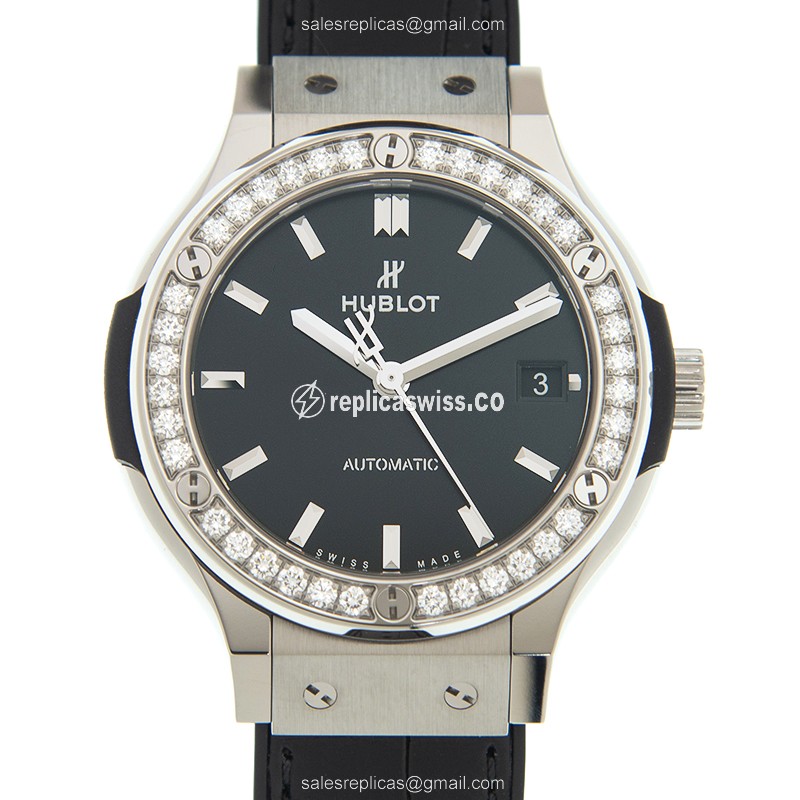 Hublot Classic Fusion Replica - Automatic - Titanium & Diamond - Black Dial - Leather Strap