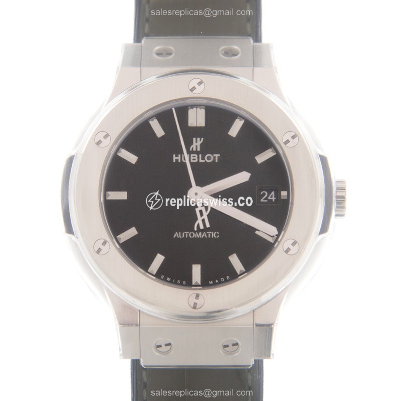 Hublot Classic Fusion Replica - Automatic - Steel - Black Dial - Green Leather Strap