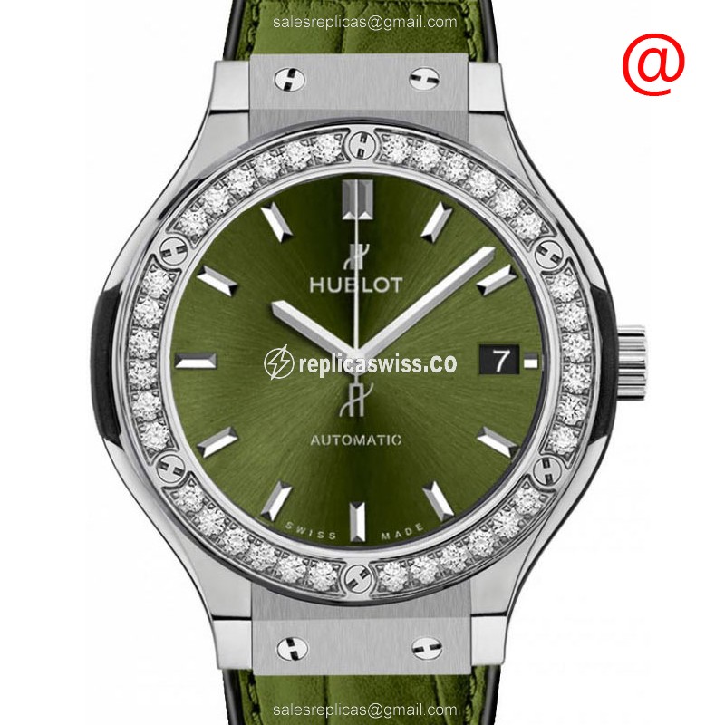 Hublot Classic Fusion Replica - Automatic - Diamond Case - Green Dial - Green Alligator Strap - Luxury Replica CLASSIC FUSION Watch