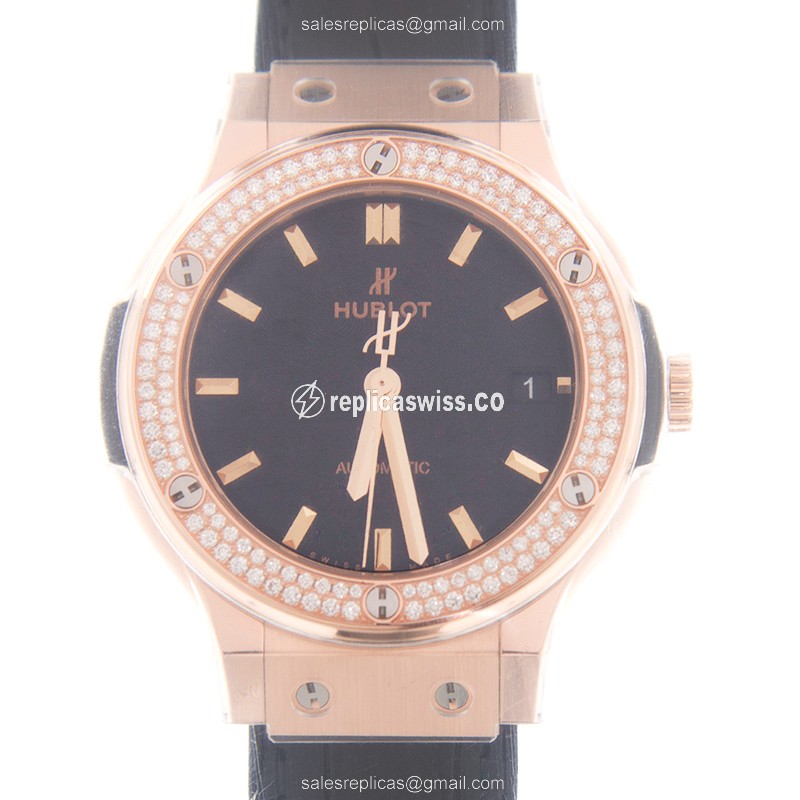 Hublot Classic Fusion Replica - Automatic - 18kt Rose Gold & Diamonds - Black Dial - Leather Strap
