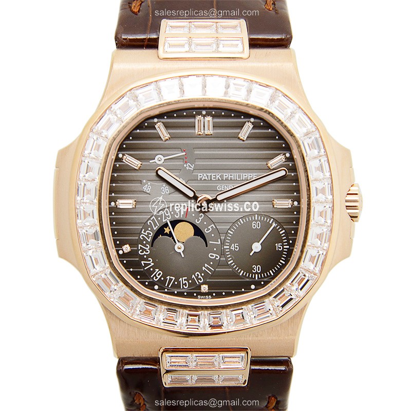 Patek Philippe 5724R-001 Replica - Automatic - 18kt Rose Gold - Diamond Bezel - Black Dial - Brown Alligator Strap