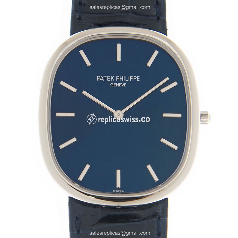 Patek Philippe Golden Ellipse Replica - Automatic - Platinum Case - Blue Dial & Leather Strap