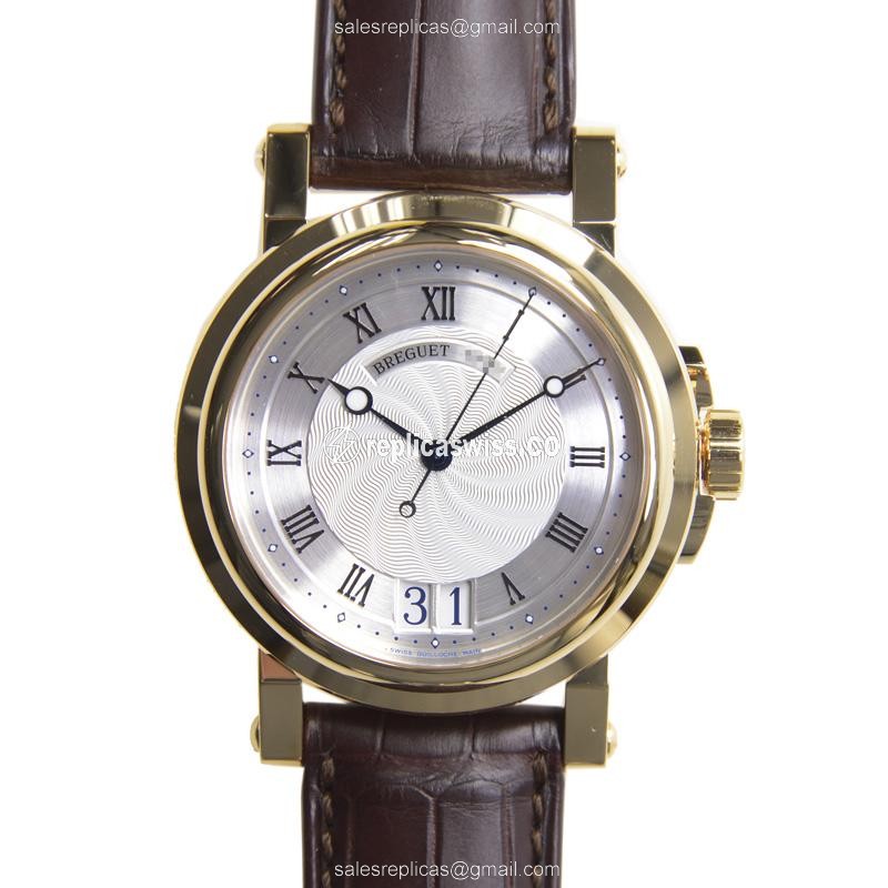 Breguet MARINE 5817BA/12/9V8 Replica - Auto 18kt Yellow Gold - Silver Dial - Brown Alligator - Luxury Replica MARINE Watch