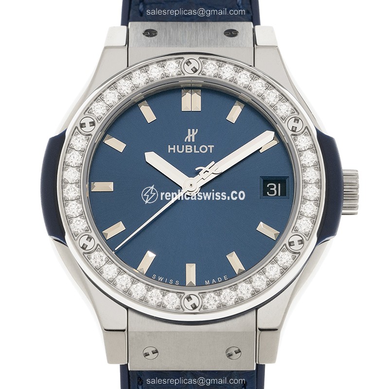 Hublot Classic Fusion Replica - Quartz - Titanium - Diamond Case - Blue Dial - Alligator Blue Strap