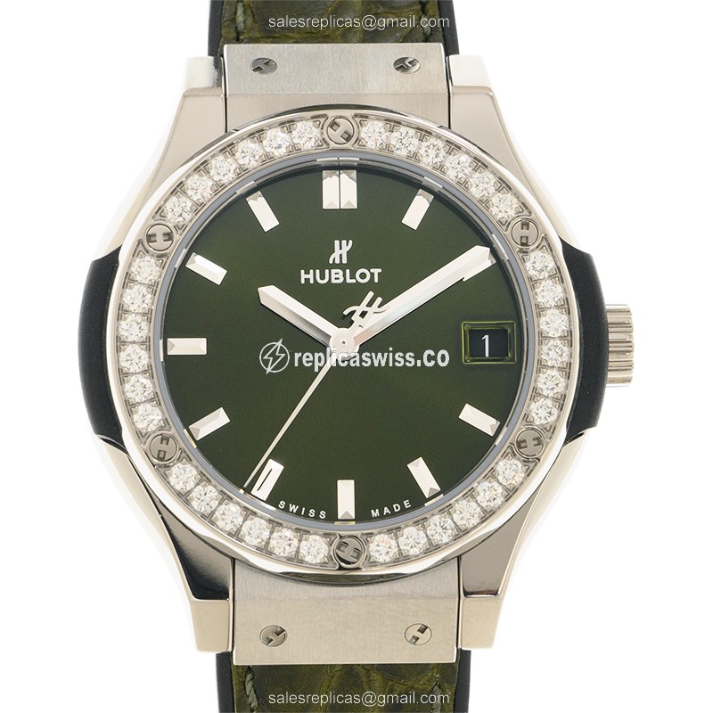 Hublot Classic Fusion Replica - Quartz - Titanium Case - Green Dial - Alligator Green Strap