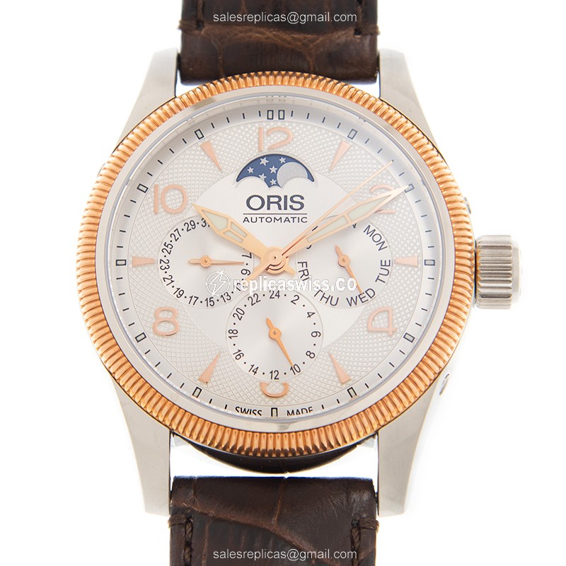 Oris Aviation 582 7678 4361 - Auto Movement - Silver Dial - Gold-Plated Case - Brown Leather Strap - Luxury Replica AVIATION Watch