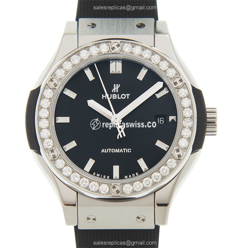 Hublot Classic Fusion Replica - Automatic - Titanium Case - Diamond - Black Dial - Rubber Strap