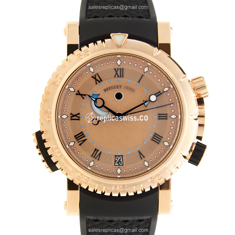 Breguet 5847BR/32/5ZV Replica - Auto 18kt Rose Gold - Gold Dial - Black Rubber Strap