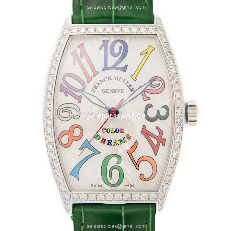 Franck Muller 5850 M SC COL DRM D 1R AC CINTREE CURVEX Replica - Automatic - Stainless Steel Case - White Dial on Green Alligator Strap