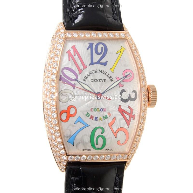Franck Muller 5850 SC COL DRM D 5N Replica - Automatic - Rose Gold Case - Diamond Dial - Black Leather Strap - Luxury Replica CINTREE CURVEX Watch