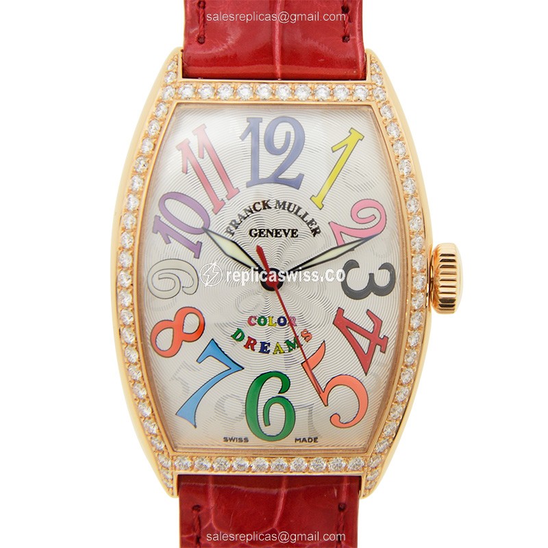 Franck Muller 5850 SC COL DRM D 1R - Automatic - 18kt Rose Gold - Diamonds - Silver Dial - Red Alligator Strap - Buckle Clasp - Luxury Replica CINTREE CURVEX Watch