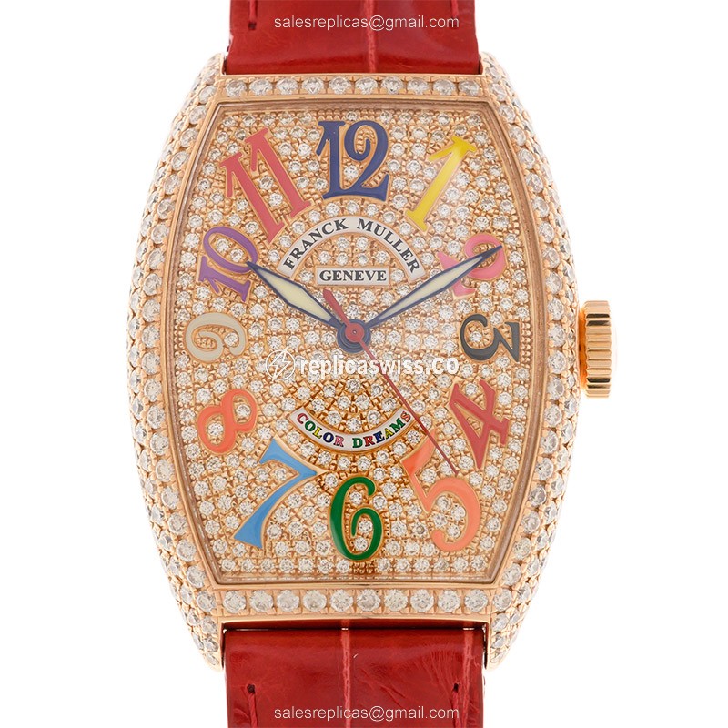 Franck Muller 5850 SC COL DRM D CD 5N Replica - Automatic - Rose Gold Case - Gold Dial - Red Leather Strap
