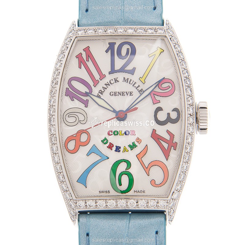 Franck Muller 5850 SC COL DRM D R Automatic - Diamond Case, Silver Dial - Blue Alligator Strap - Luxury Franck Muller Watch