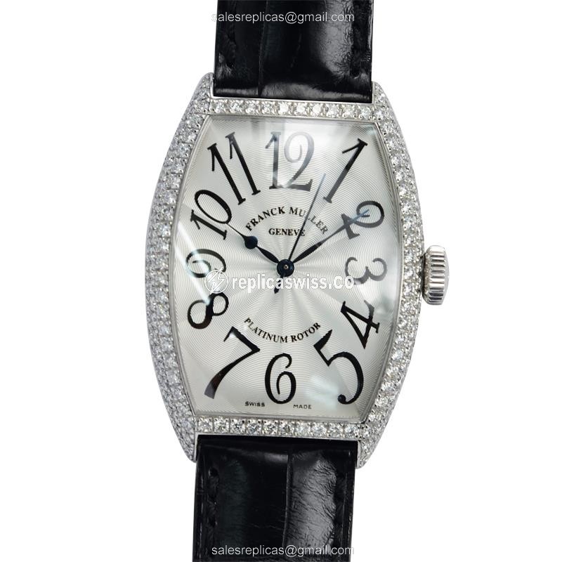 Franck Muller 5850 SC D Replica - Automatic - 18kt White Gold - Diamond - Silver Dial - Leather Strap - Black Buckle - Luxury Replica MASTER OF COMPLICATION Watch