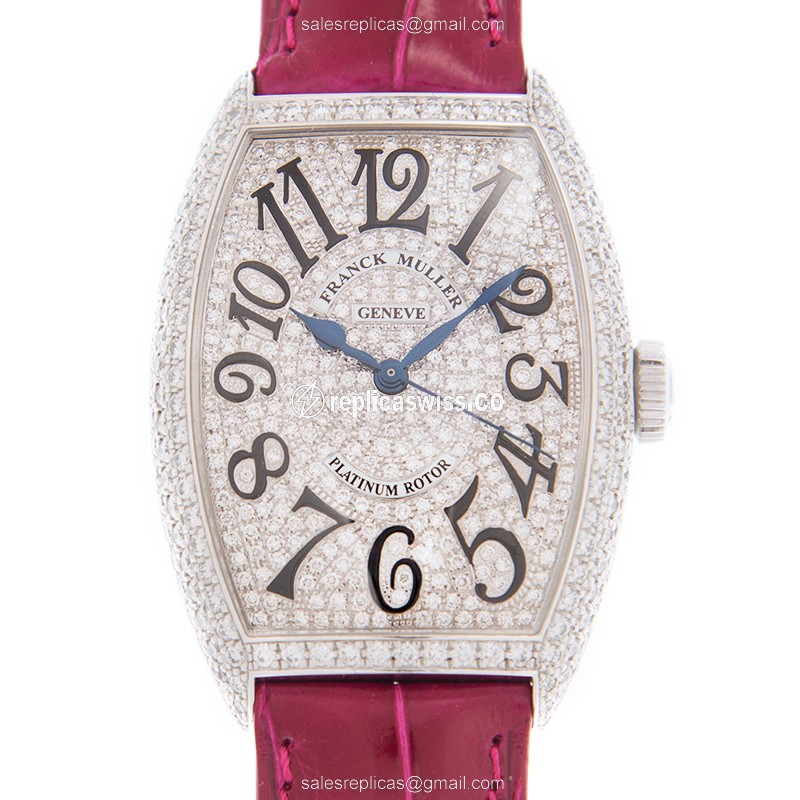 Franck Muller 5850 SC D CD Replica - Automatic - 18kt White Gold - Diamond - Silver Dial - Pink Leather Strap