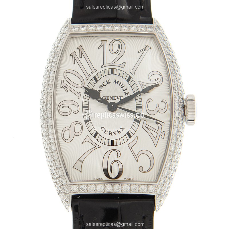 Franck Muller 5850 SC D REL - Auto 18kt White Gold - Diamond Bezel - Black Leather Strap