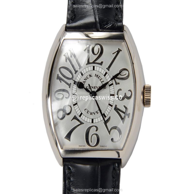 Franck Muller 5850 SC REL CINTREE Curvex Quartz 18kt White Gold - Silver Dial - Buckle Clasp - Black Leather Strap