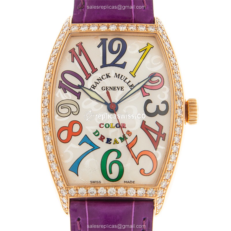 Franck Muller 5851M Replica - Automatic - 18kt Rose Gold - Diamond Dial - Silver - Alligator Purple Buckle