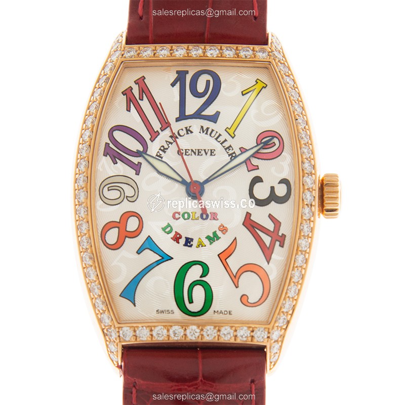 Franck Muller Cintree Curvex - Automatic - 18kt Rose Gold - Diamonds - Silver Dial - Red Leather Strap - Buckle Clasp - Luxury Replica CINTREE CURVEX Watch