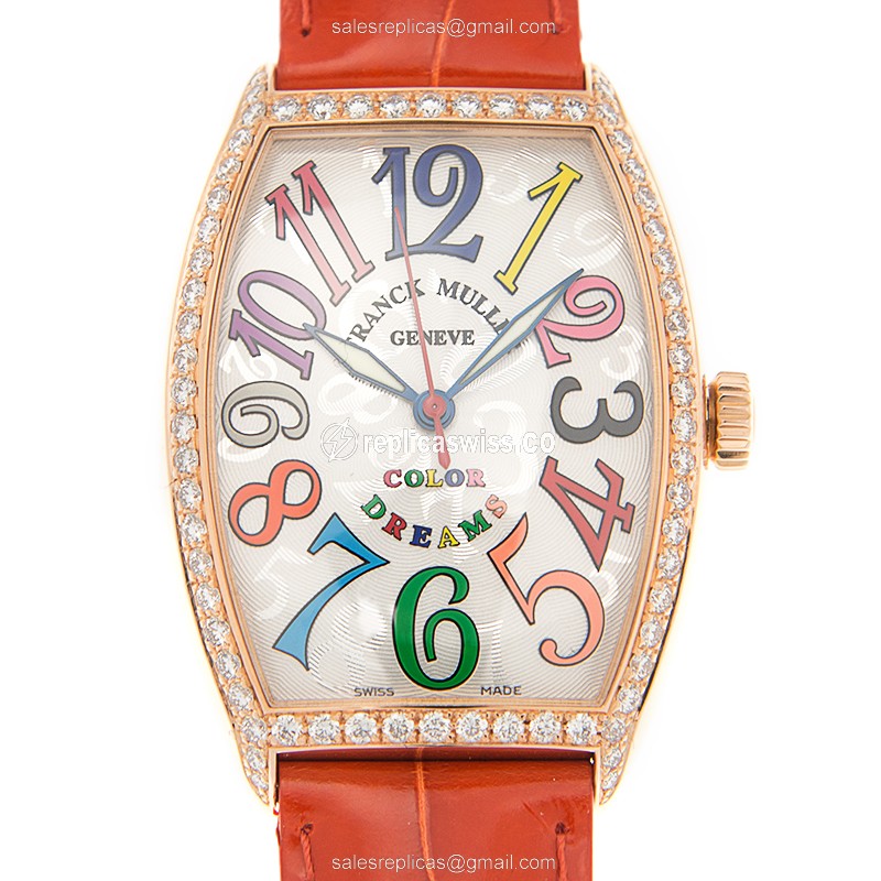 Franck Muller 5851 M SC COL DRM D 1R - Auto 18kt Rose Gold & Diamond - Silver Dial - Orange Alligator Buckle