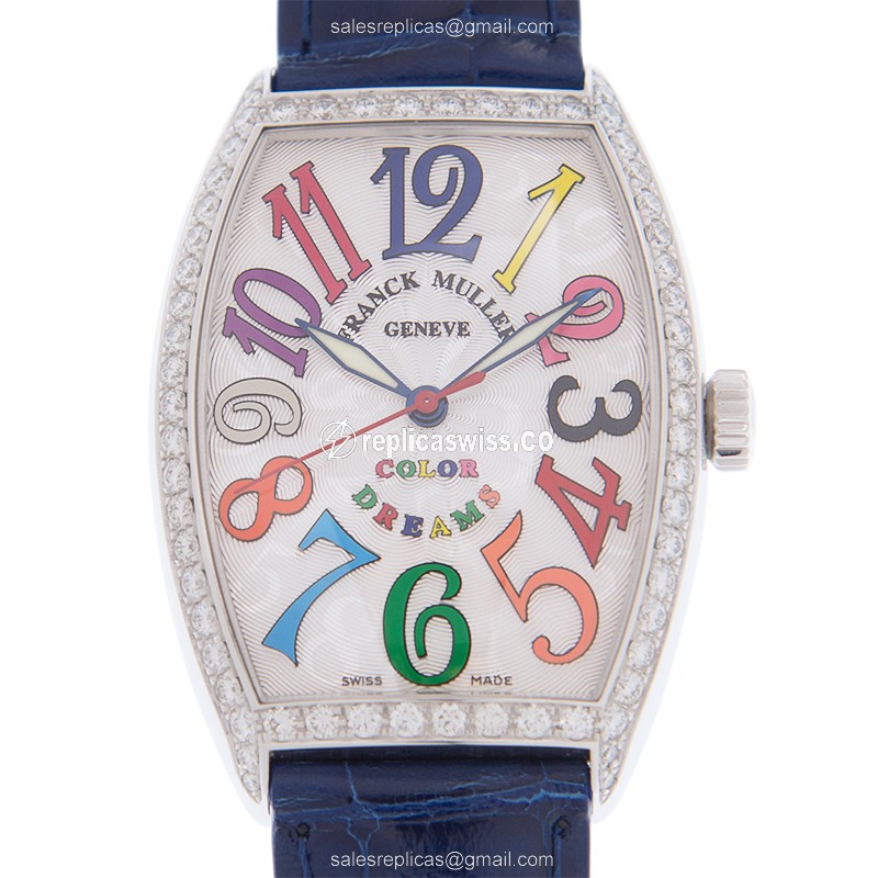 Franck Muller 5851 M SC COL DRM D 1R AC CINTREE CURVEX - Automatic - Stainless Steel - Silver Dial on Blue Leather Strap