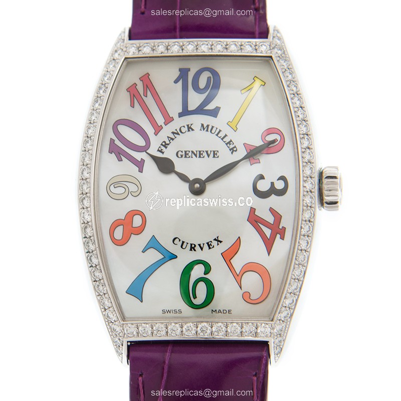 Franck Muller 5852 M QZ COL DRM MOP D 1R CINTREE CURVEX - Quartz - White Dial, Buckle Clasp - Purple Alligator Strap - Luxury Replica CINTREE CURVEX Watch