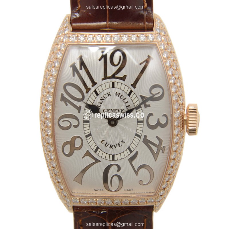 Franck Muller 5852 QZ REL D 5N Replica - Quartz - 18kt Rose Gold Case - Silver Dial - Diamond Bezels - Black Alligator Strap - Luxury Replica CINTREE CURVEX Watch