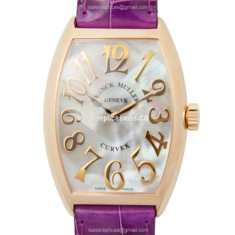 Franck Muller 5852 Replica - Quartz - 18kt Rose Gold - White Dial - Buckle Clasp - Purple Alligator Strap