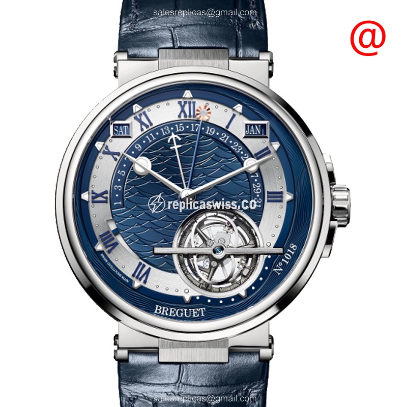 Breguet 5887PT/Y2/9WV Replica - Automatic - Platinum - Blue Dial - Alligator Blue Strap