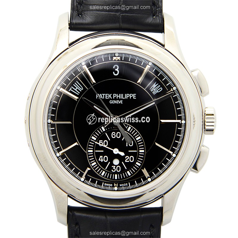 Patek Philippe 5905P-010 Replica - Automatic - 950 Platinum Case - Black Dial - Alligator Black Strap - Luxury Replica COMPLICATIONS Watch