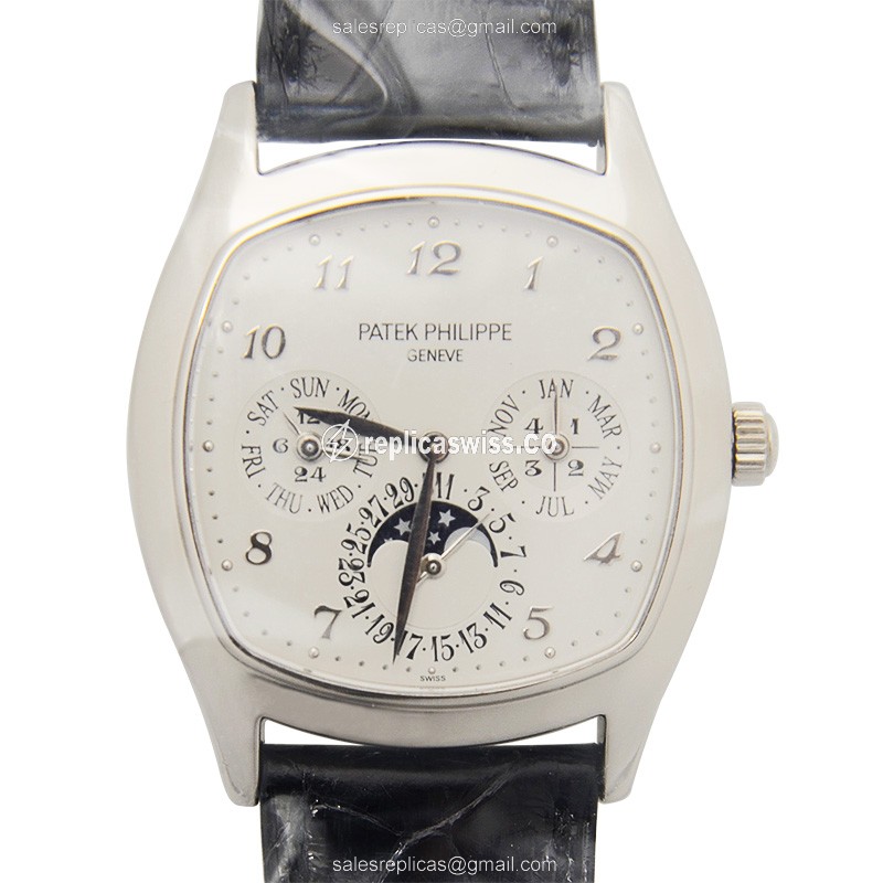 Patek Philippe Grand Comp Replica - White Gold - Black Strap