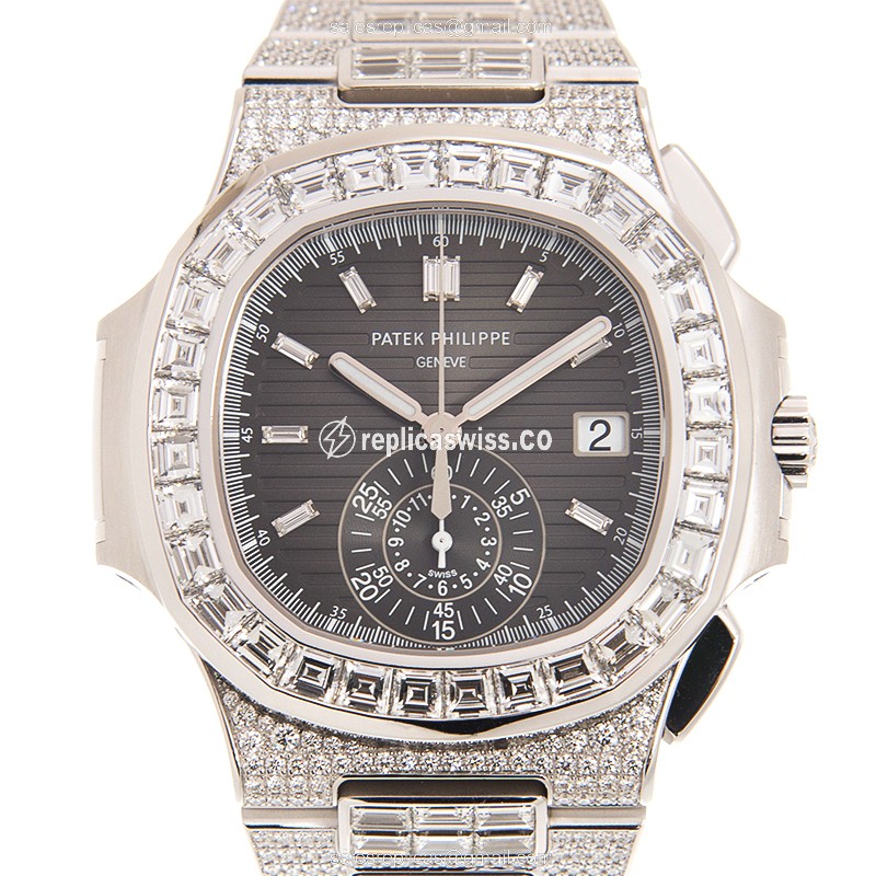 Patek Philippe Replica - 5980/1400G-010 - Automatic - 18kt White Gold - Diamond Bezel - Black Dial - Silver Strap - Clasp