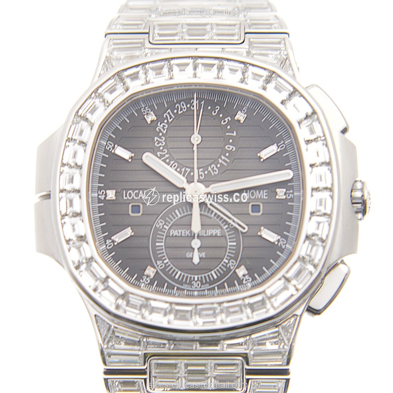 Patek Philippe Replica - 5990/1400G-001 - Automatic - 18kt White Gold - Black Dial - Diamond Clasp & Strap