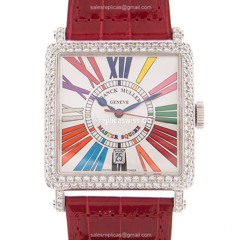 Franck Muller 6000 H SC DT COL DRM R D OG Quartz - 18kt White Gold, Diamond Dial, Red Leather Strap - Luxury Franck Muller Watch