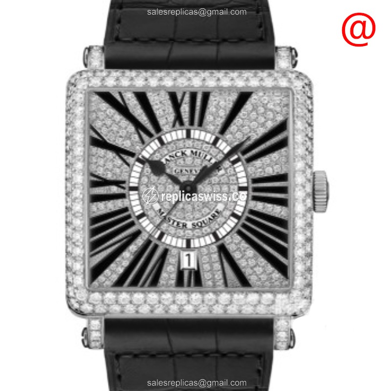 Franck Muller 6000 H SC DT D CDOG Replica - Automatic - 18kt White Gold - Diamond - Silver Dial - Black Leather Strap - Luxury Replica MASTER SQUARE Watch