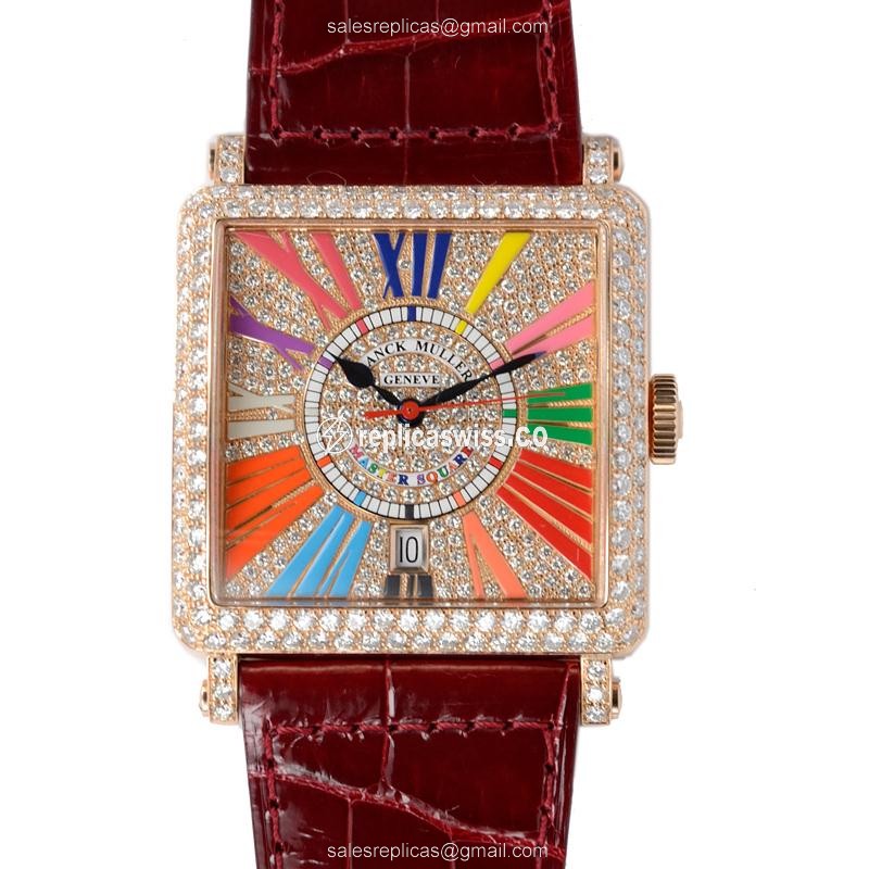 Franck Muller 6000 H SC DT R D COL DRM - Auto 18kt Rose Gold Diamonds - Gold Dial - Red Alligator Buckle