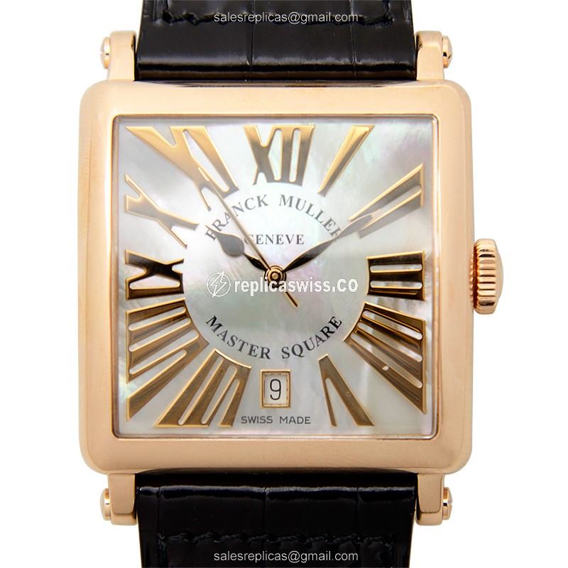 Franck Muller 6000 H SC DT REL R MOP Quartz 18kt Rose Gold - White Dial, Alligator Black Buckle - Luxury Replica MASTER SQUARE Watch